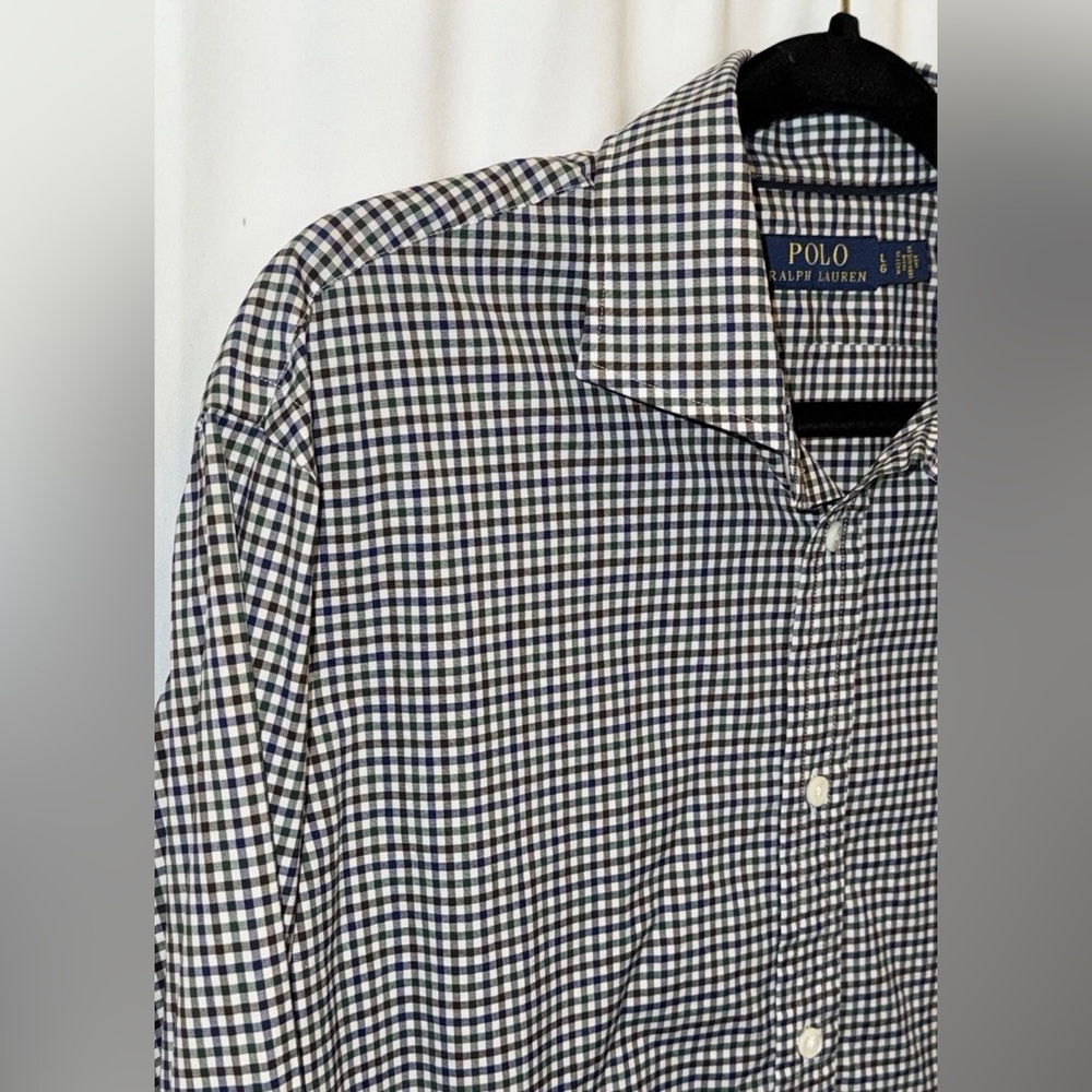 Polo Ralph Lauren Shirt Check Plaid Navy Green white Long Sleeve Pony Mens L - Picture 7 of 11